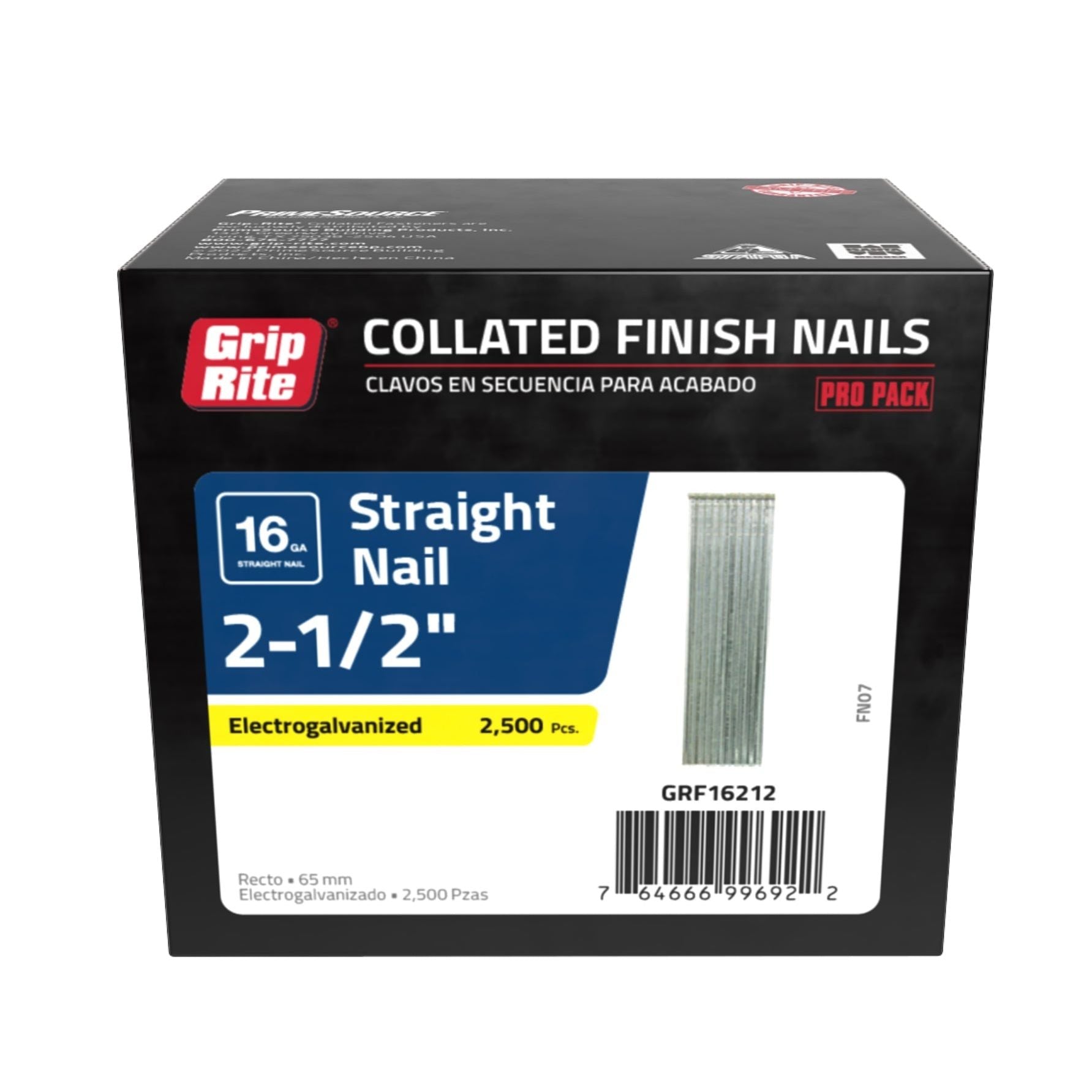 The GRIP-RITE GRF16212 16-Gauge Electrogalvanized Finish Nails pack, containing 2,500 nails, is ideal for interior finish applications. It comes in a sleek black box with red, white, and teal graphics and features a Jam Free Guarantee.